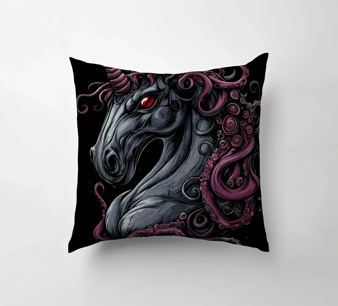 Dark unicorn with tentacled mane decorative cushion by pixelbull - medieval art and more