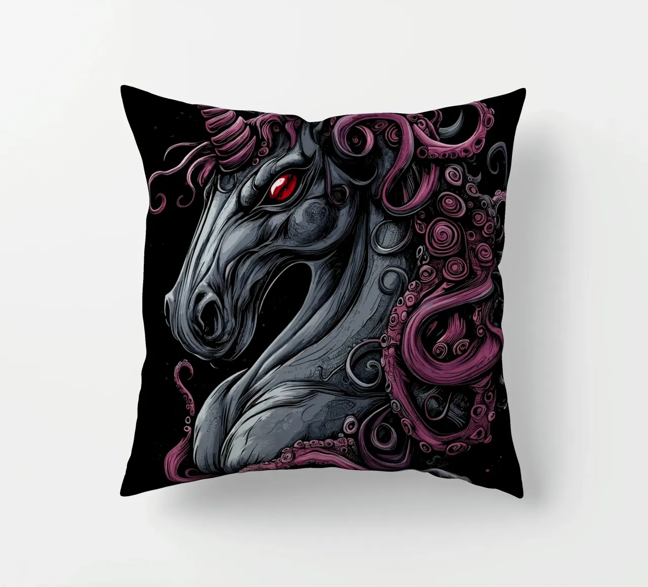 Dark unicorn with tentacled mane decorative cushion by pixelbull - medieval art and more