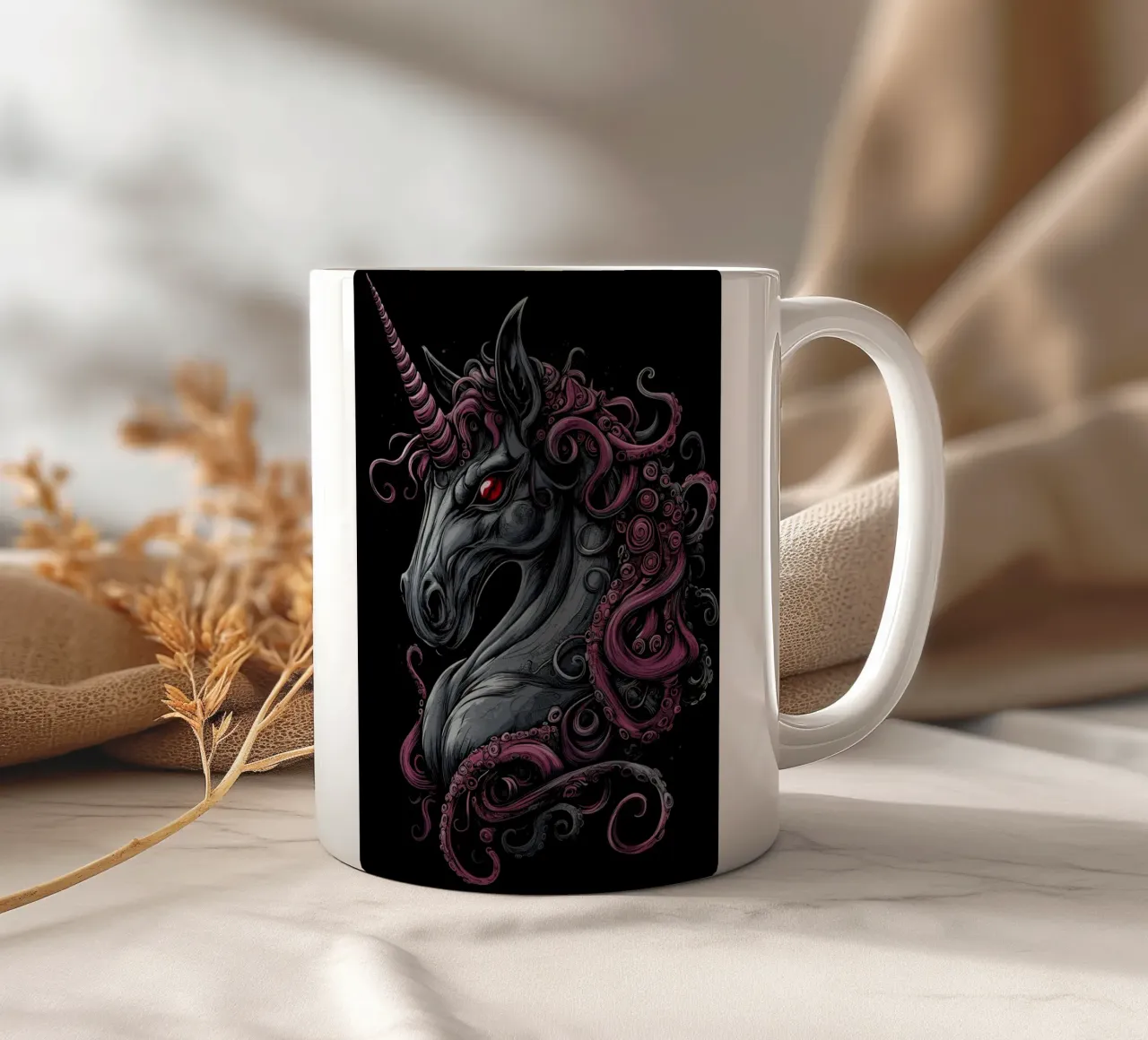 Dark unicorn with tentacled mane ceramic mug by pixelbull - medieval art and more