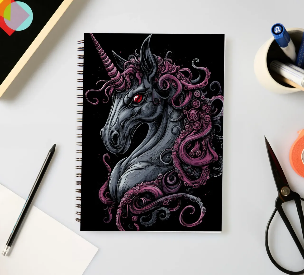 Dark unicorn with tentacled mane spiral notebook by pixelbull - medieval art and more