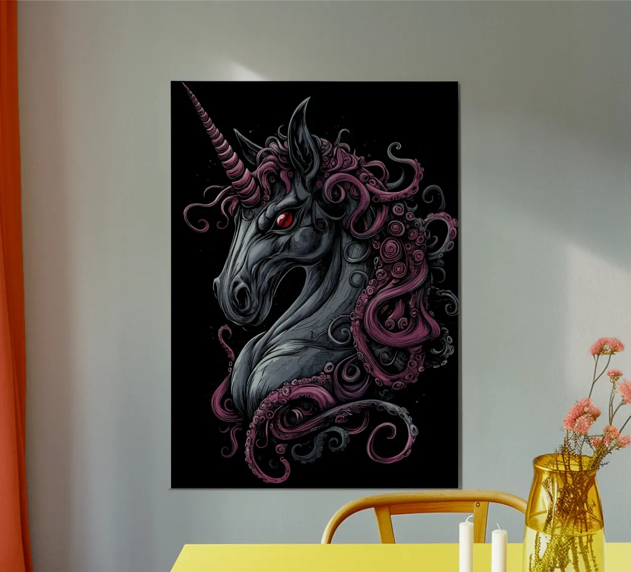 Unicorno scuro con criniera tentacolare carta hahnemühle da pixelbull - medieval art and more