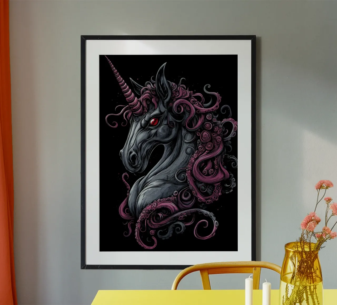 Unicorno scuro con criniera tentacolare carta hahnemühle da pixelbull - medieval art and more