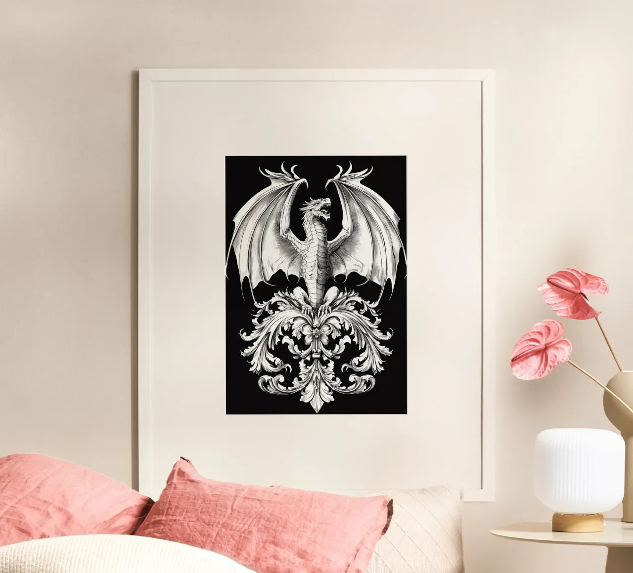 Drago araldico con ali ornamentali poster con telaio in alluminio da pixelbull - medieval art and more