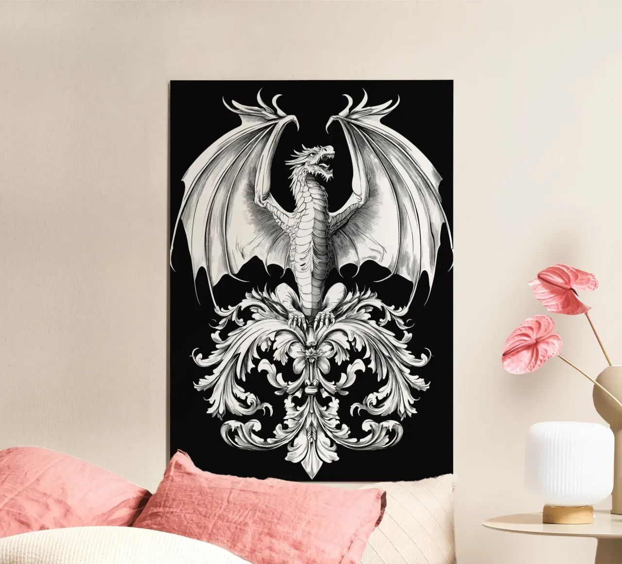 Drago araldico con ali ornamentali poster con telaio in alluminio da pixelbull - medieval art and more