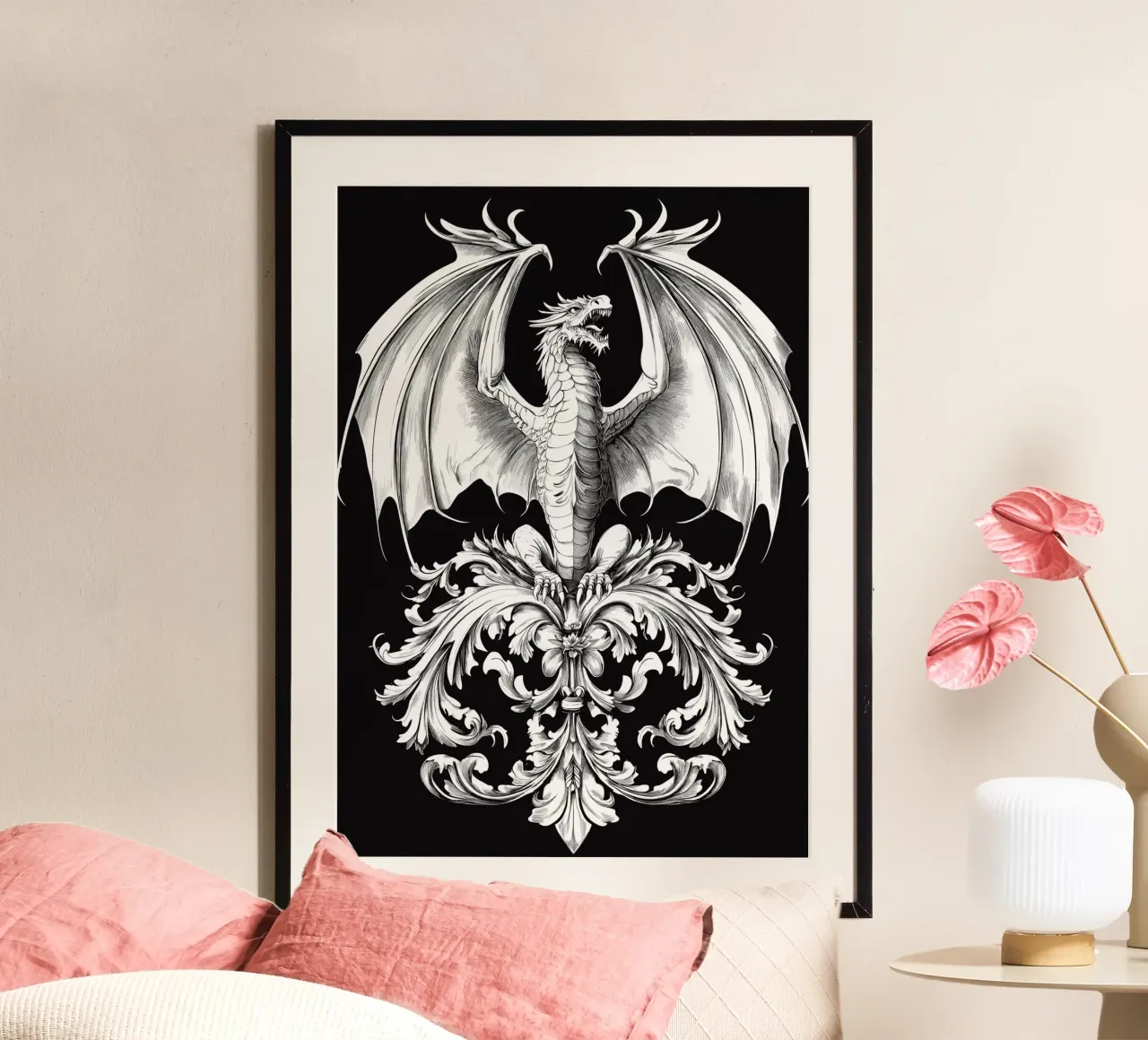 Drago araldico con ali ornamentali poster con telaio in alluminio da pixelbull - medieval art and more