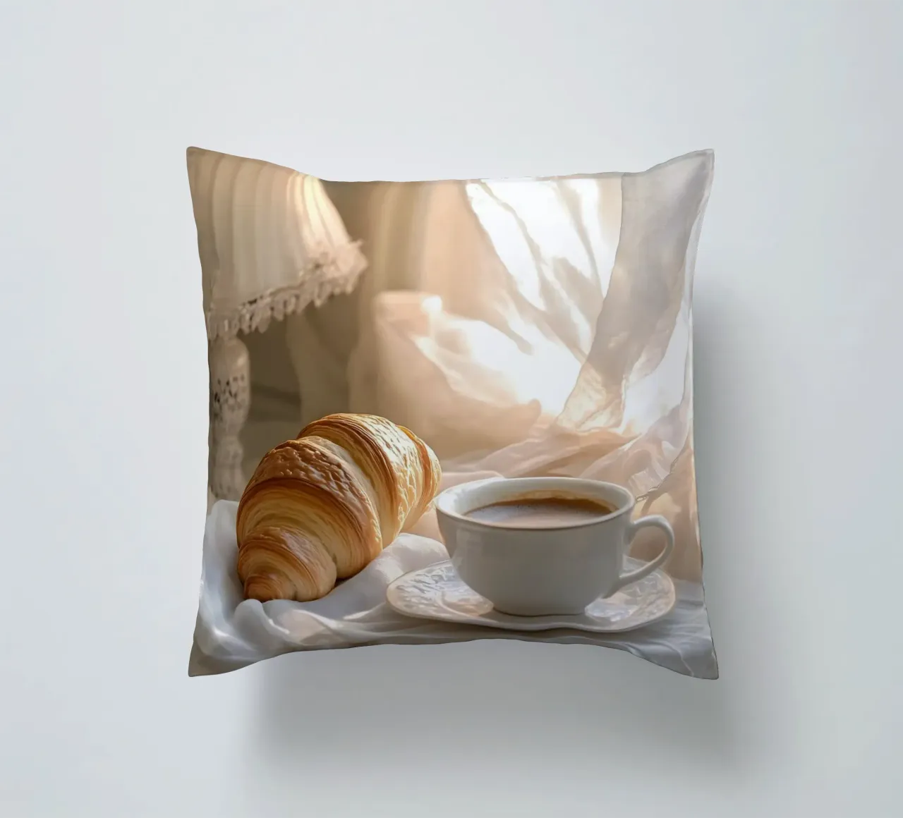 Idillio mattutino con croissant e caffè cuscino da pixelbull - medieval art and more