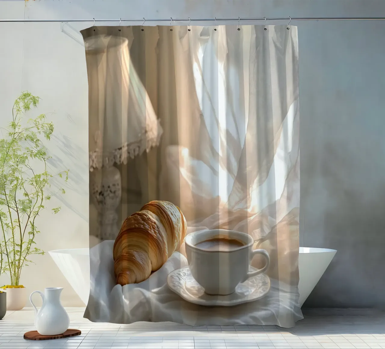 Idillio mattutino con croissant e caffè tenda da doccia da pixelbull - medieval art and more