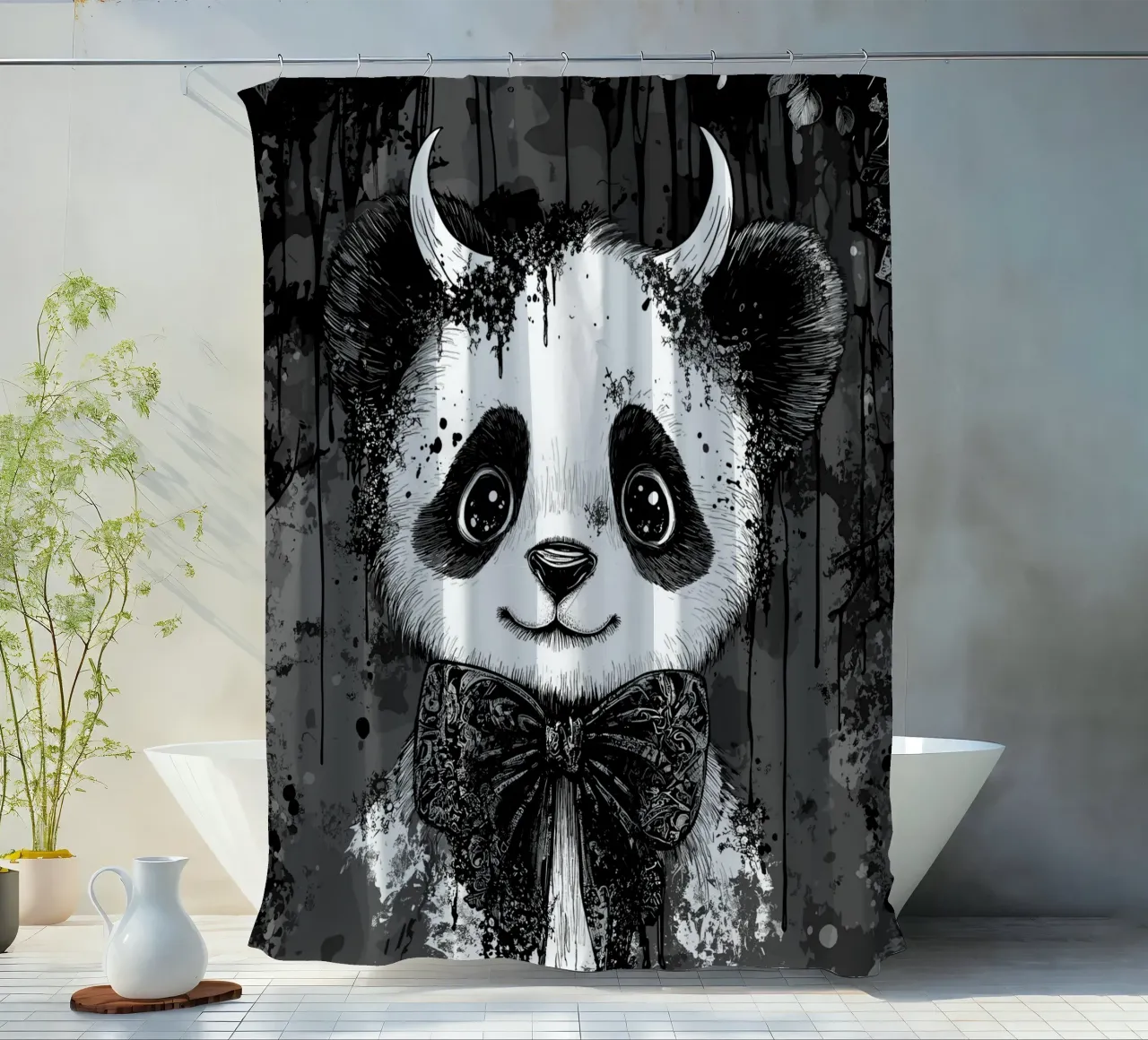 Panda gotico con corna e papillon tenda da doccia da pixelbull - medieval art and more