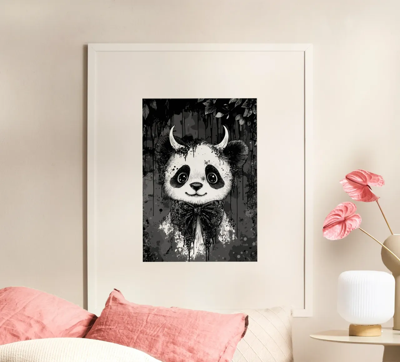 Panda gotico con corna e papillon poster con telaio in alluminio da pixelbull - medieval art and more