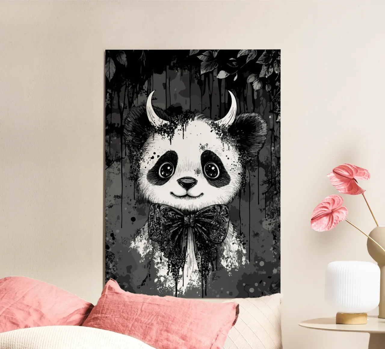 Panda gotico con corna e papillon poster con telaio in alluminio da pixelbull - medieval art and more