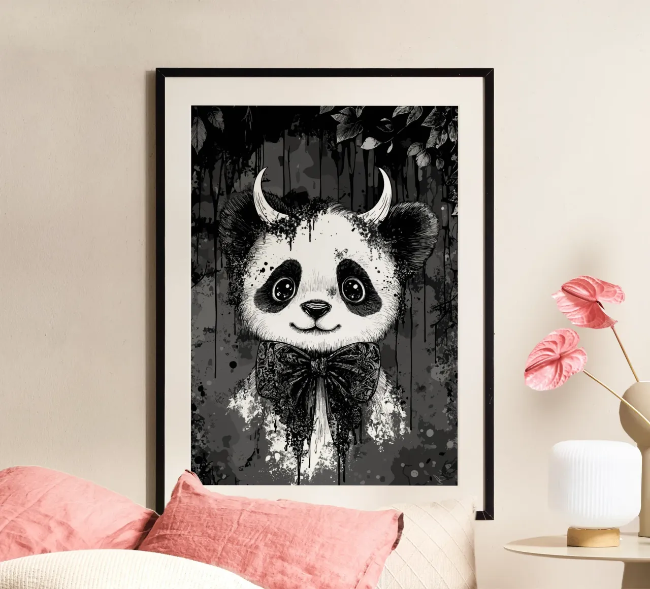 Panda gotico con corna e papillon poster con telaio in alluminio da pixelbull - medieval art and more