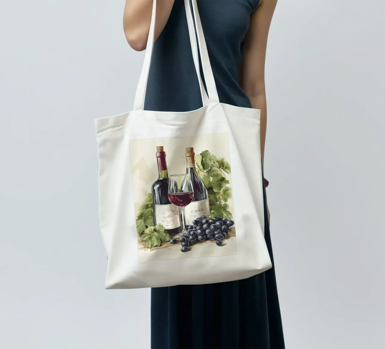 Bottiglie di vino e uva in una natura morta borsa in juta da pixelbull - medieval art and more