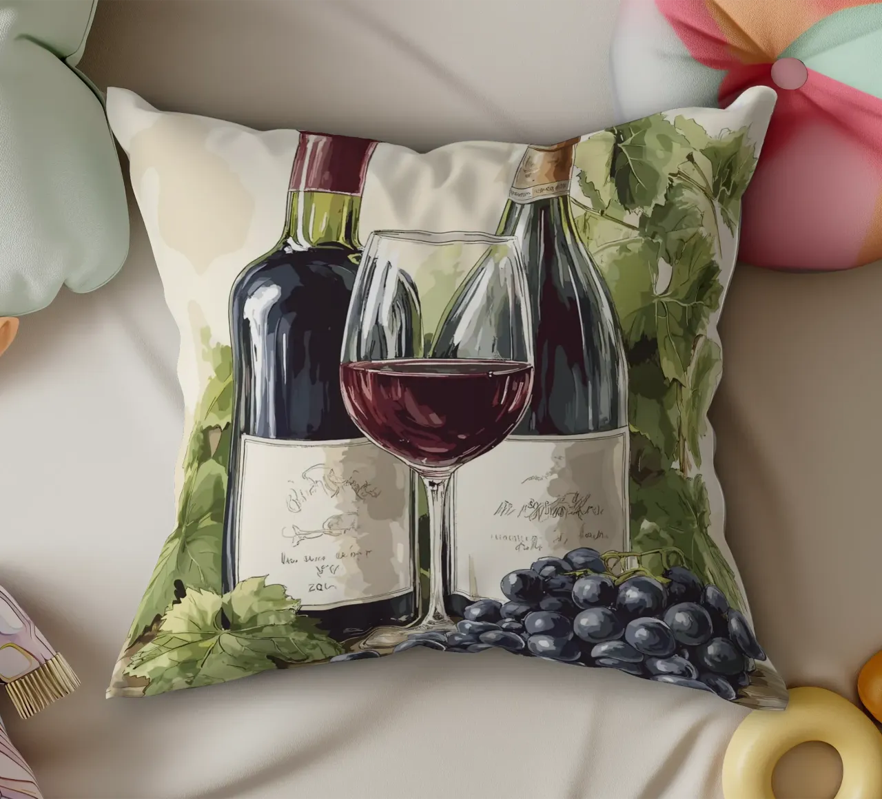Wine bottles and grapes in a still life decorative cushion by pixelbull - medieval art and more