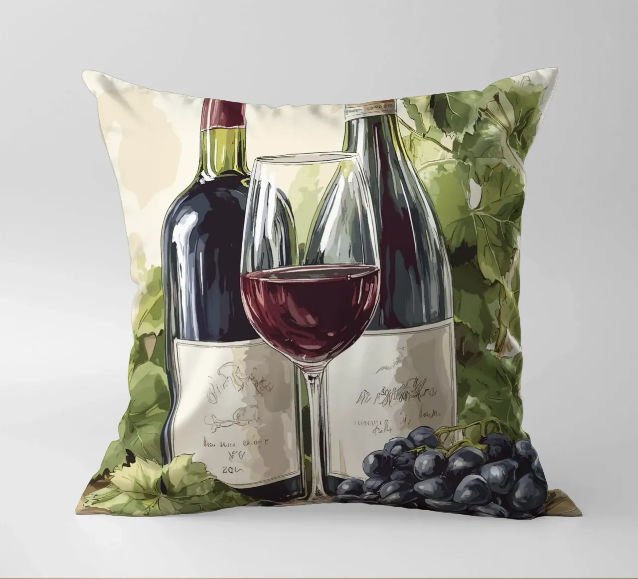 Wine bottles and grapes in a still life decorative cushion by pixelbull - medieval art and more