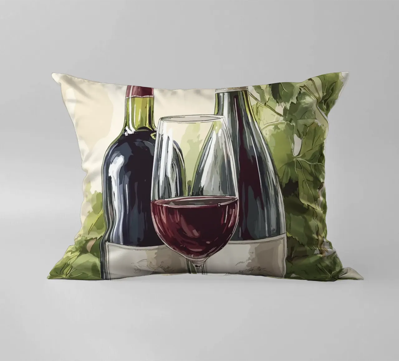 Wine bottles and grapes in a still life decorative cushion by pixelbull - medieval art and more