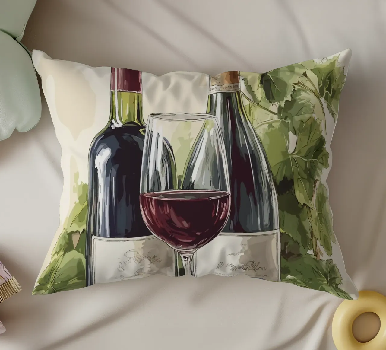 Wine bottles and grapes in a still life decorative cushion by pixelbull - medieval art and more