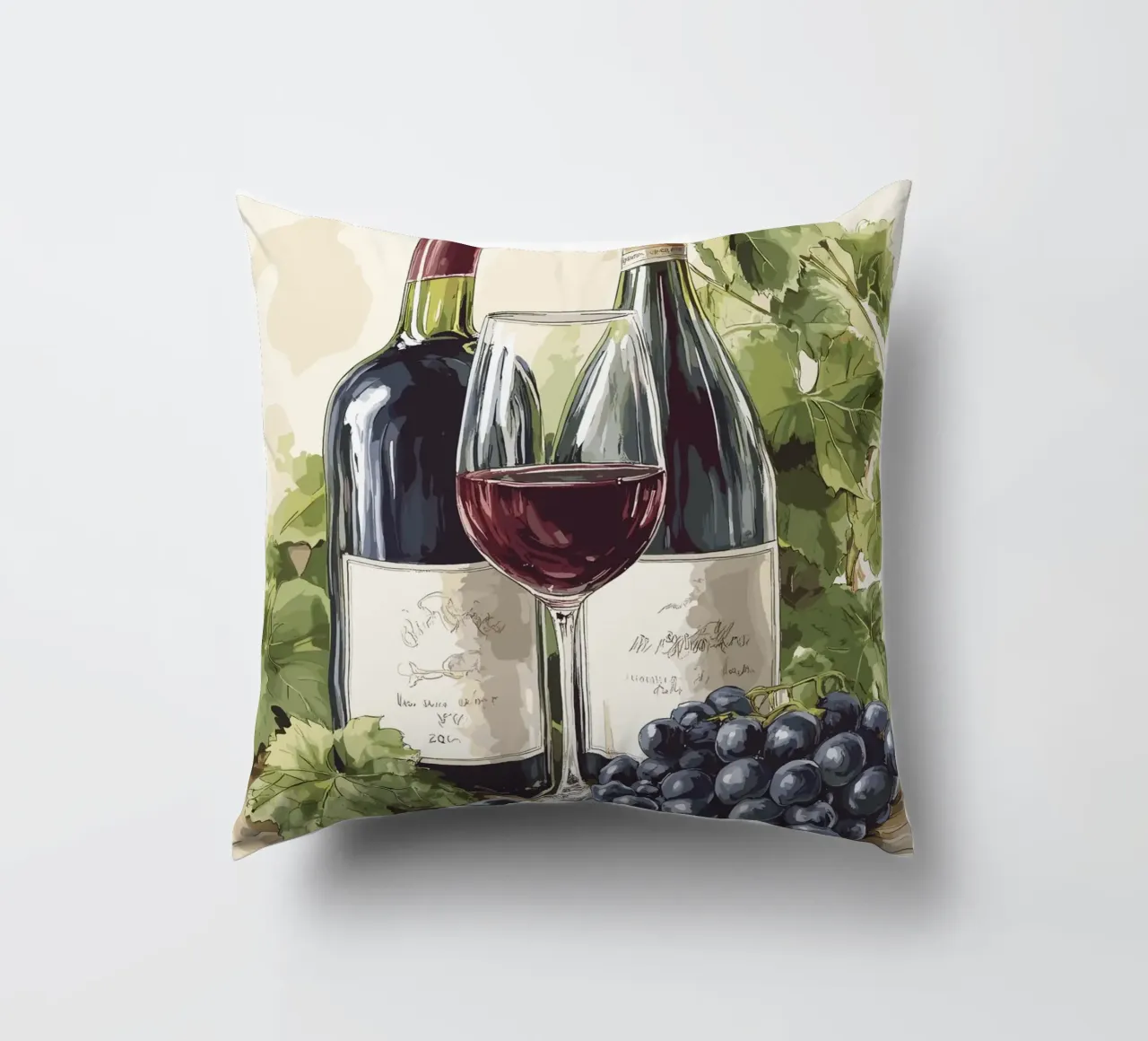 Wine bottles and grapes in a still life decorative cushion by pixelbull - medieval art and more