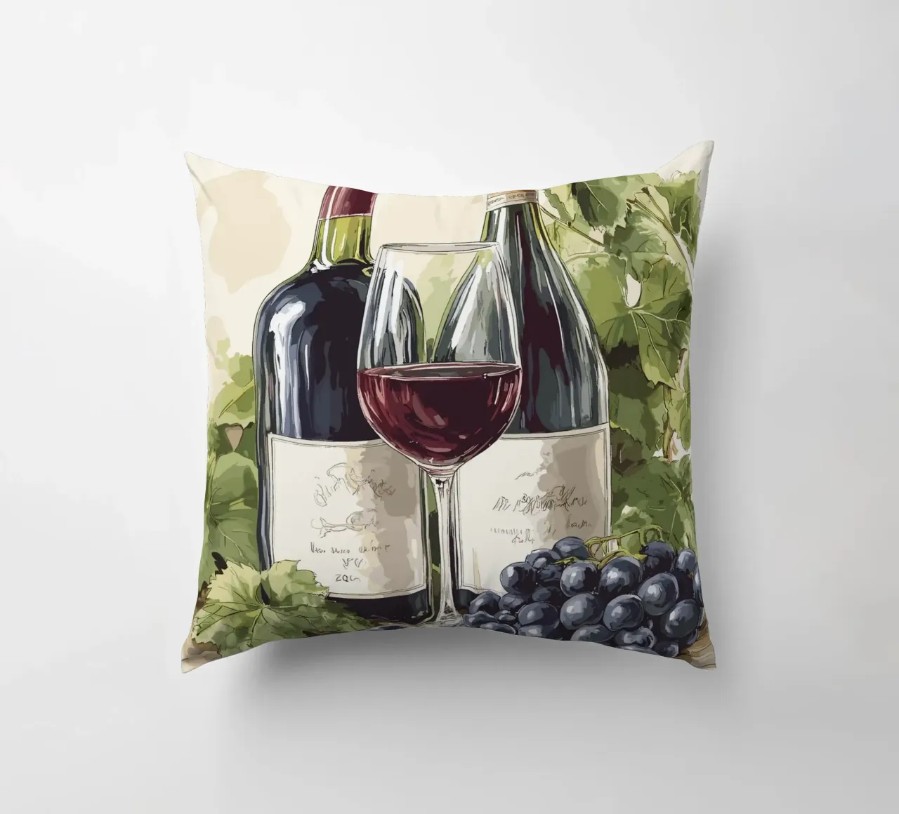 Wine bottles and grapes in a still life decorative cushion by pixelbull - medieval art and more
