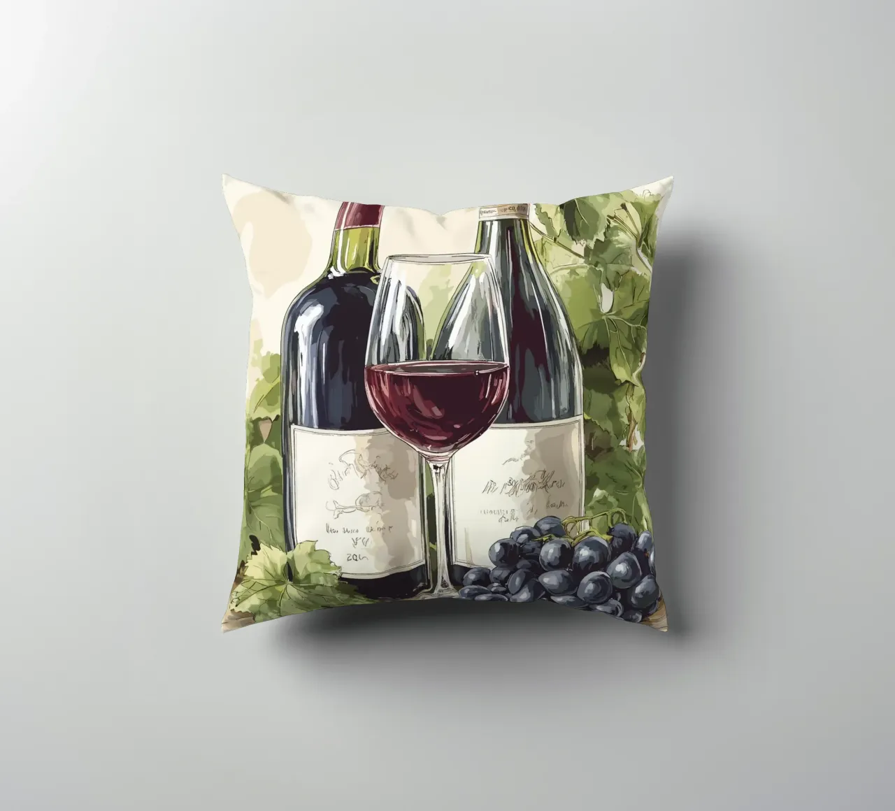 Wine bottles and grapes in a still life decorative cushion by pixelbull - medieval art and more