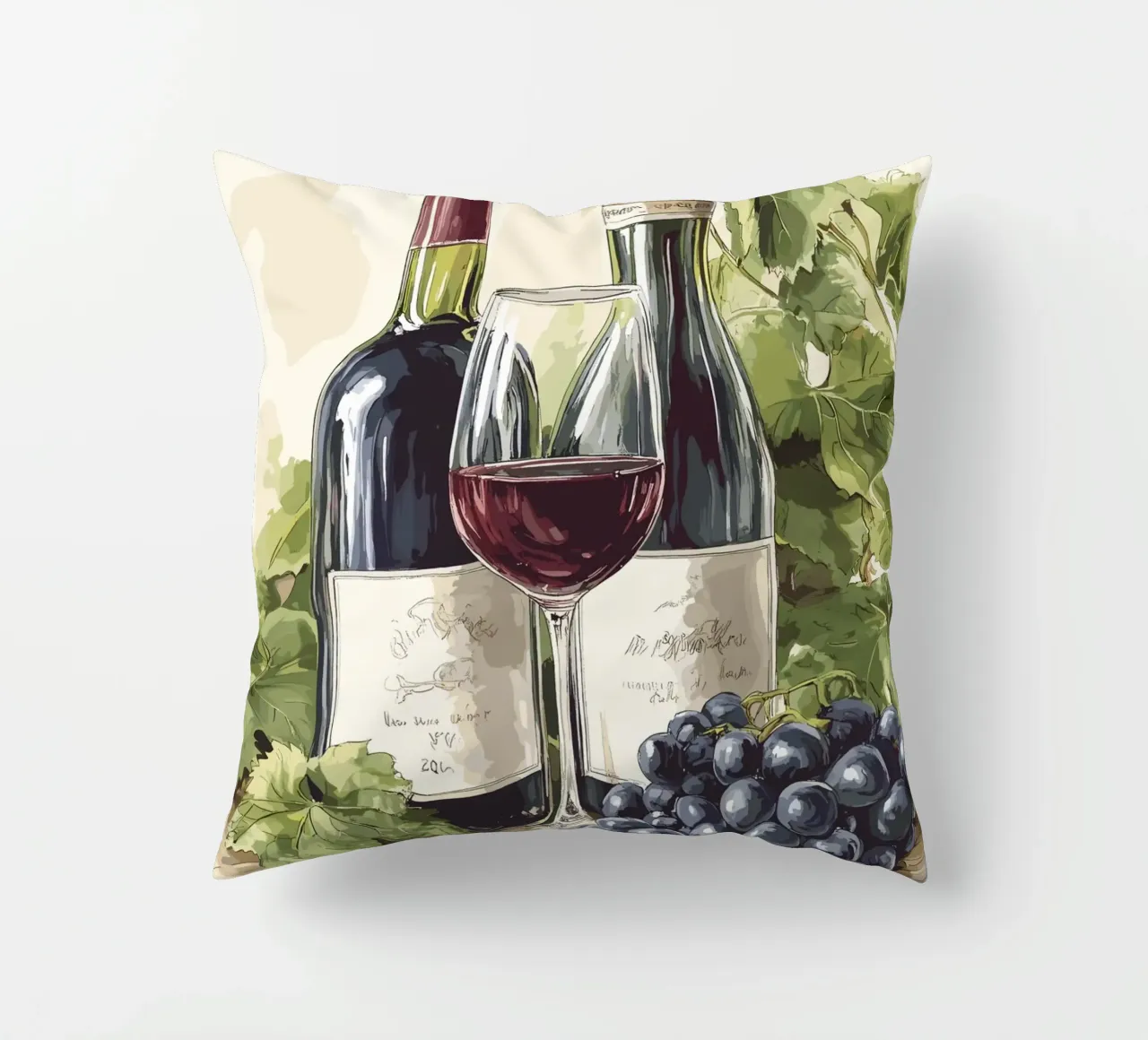 Wine bottles and grapes in a still life decorative cushion by pixelbull - medieval art and more