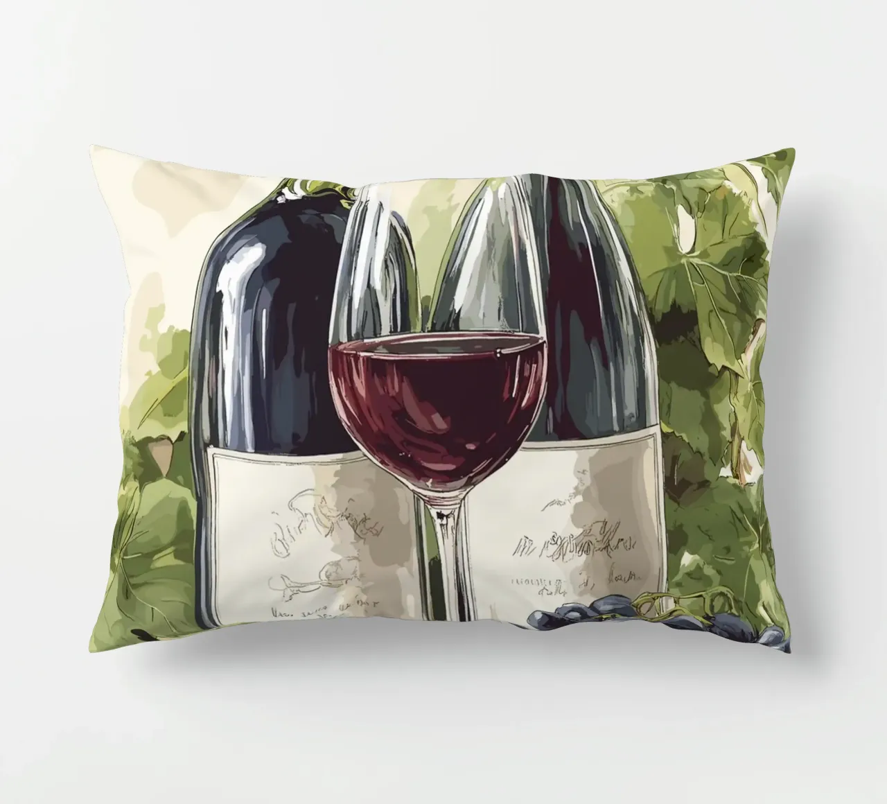 Wine bottles and grapes in a still life decorative cushion by pixelbull - medieval art and more