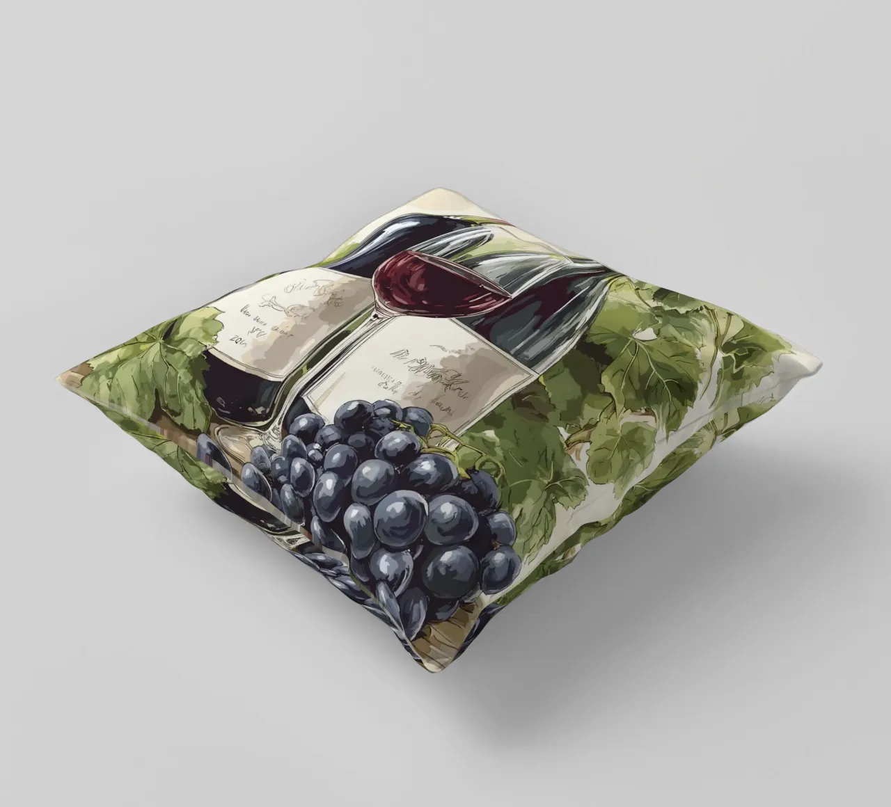 Wine bottles and grapes in a still life decorative cushion by pixelbull - medieval art and more