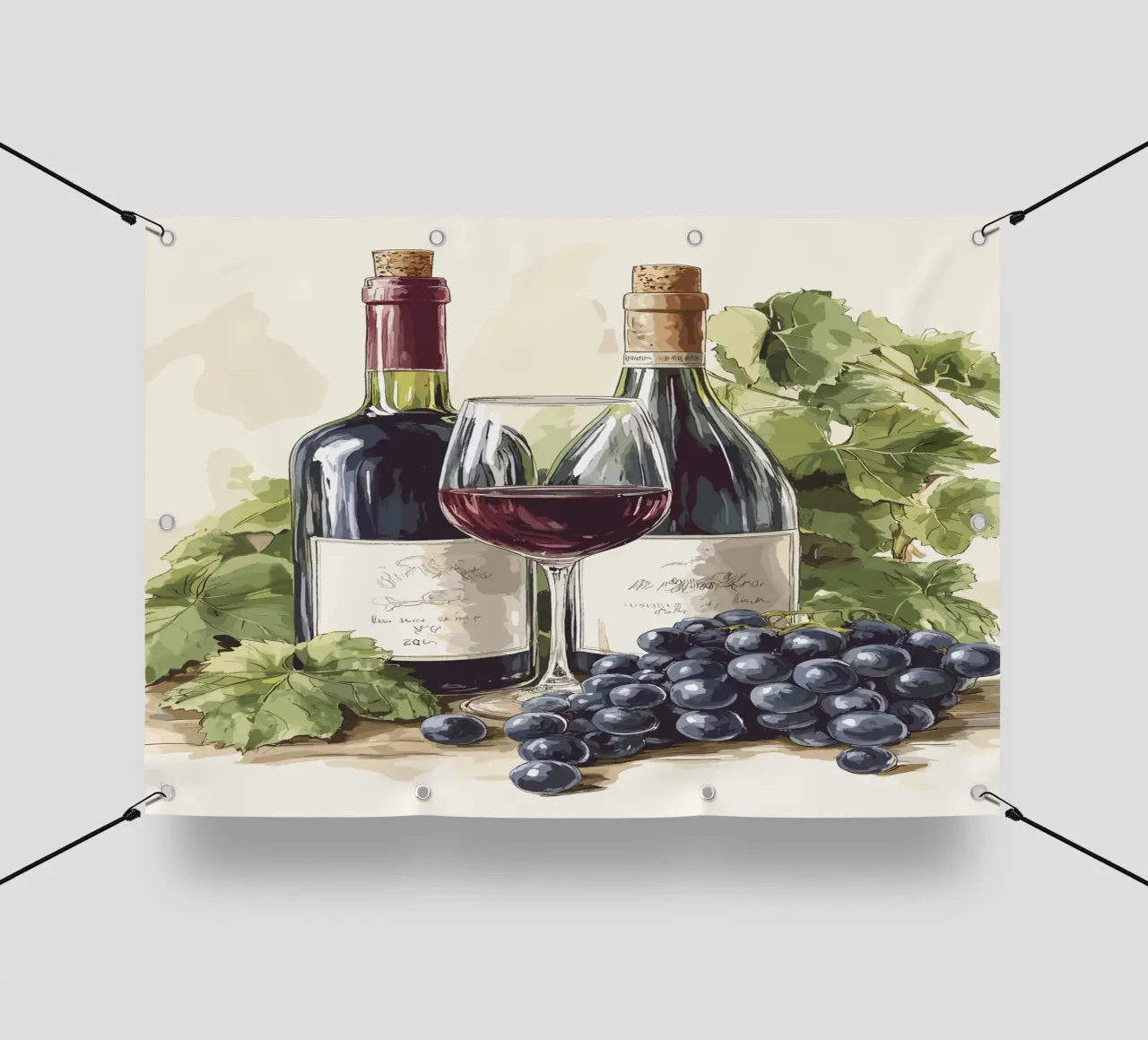 Bottiglie di vino e uva in una natura morta telo in pvc da pixelbull - medieval art and more