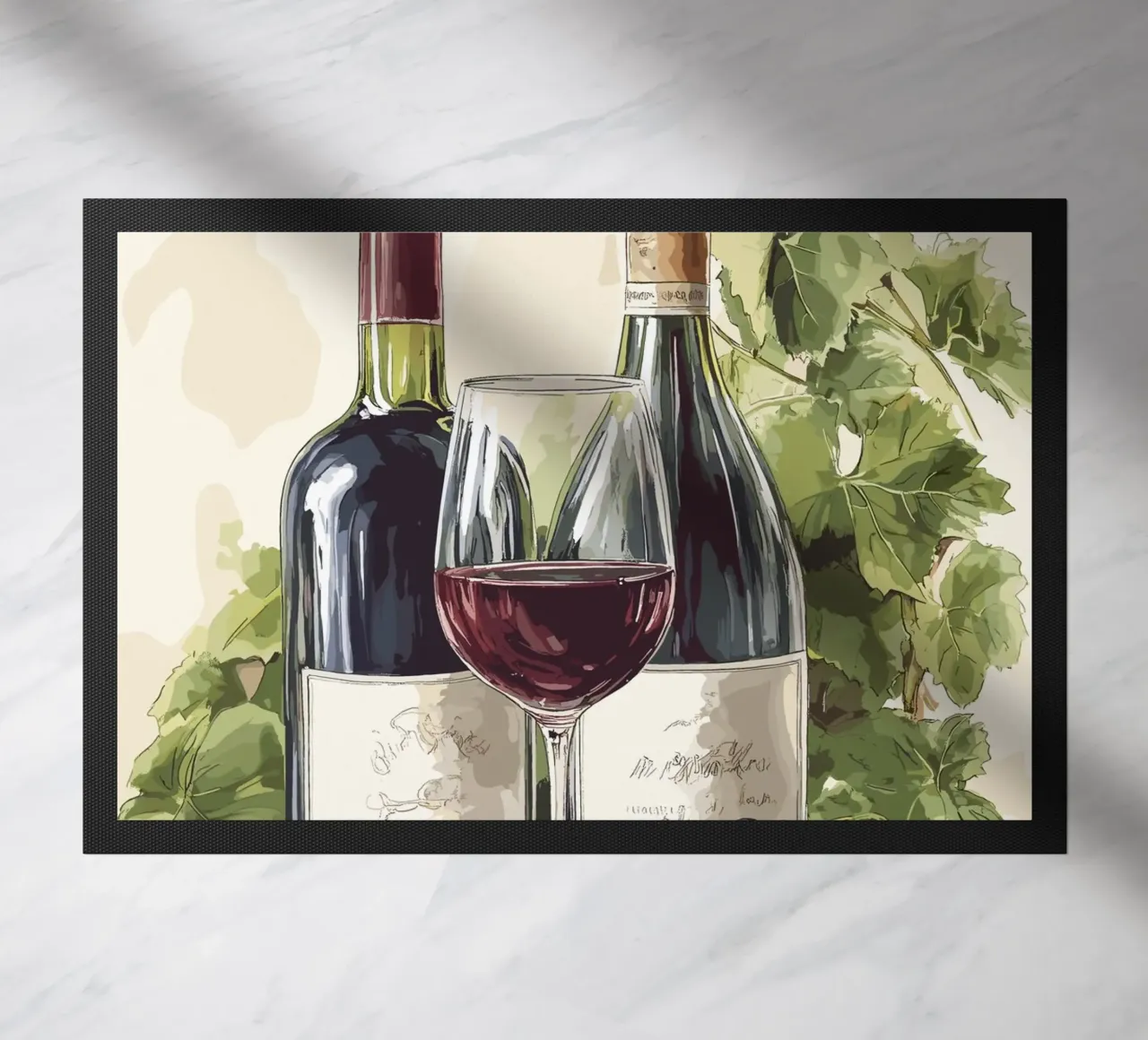 Bottiglie di vino e uva in una natura morta zerbino da pixelbull - medieval art and more