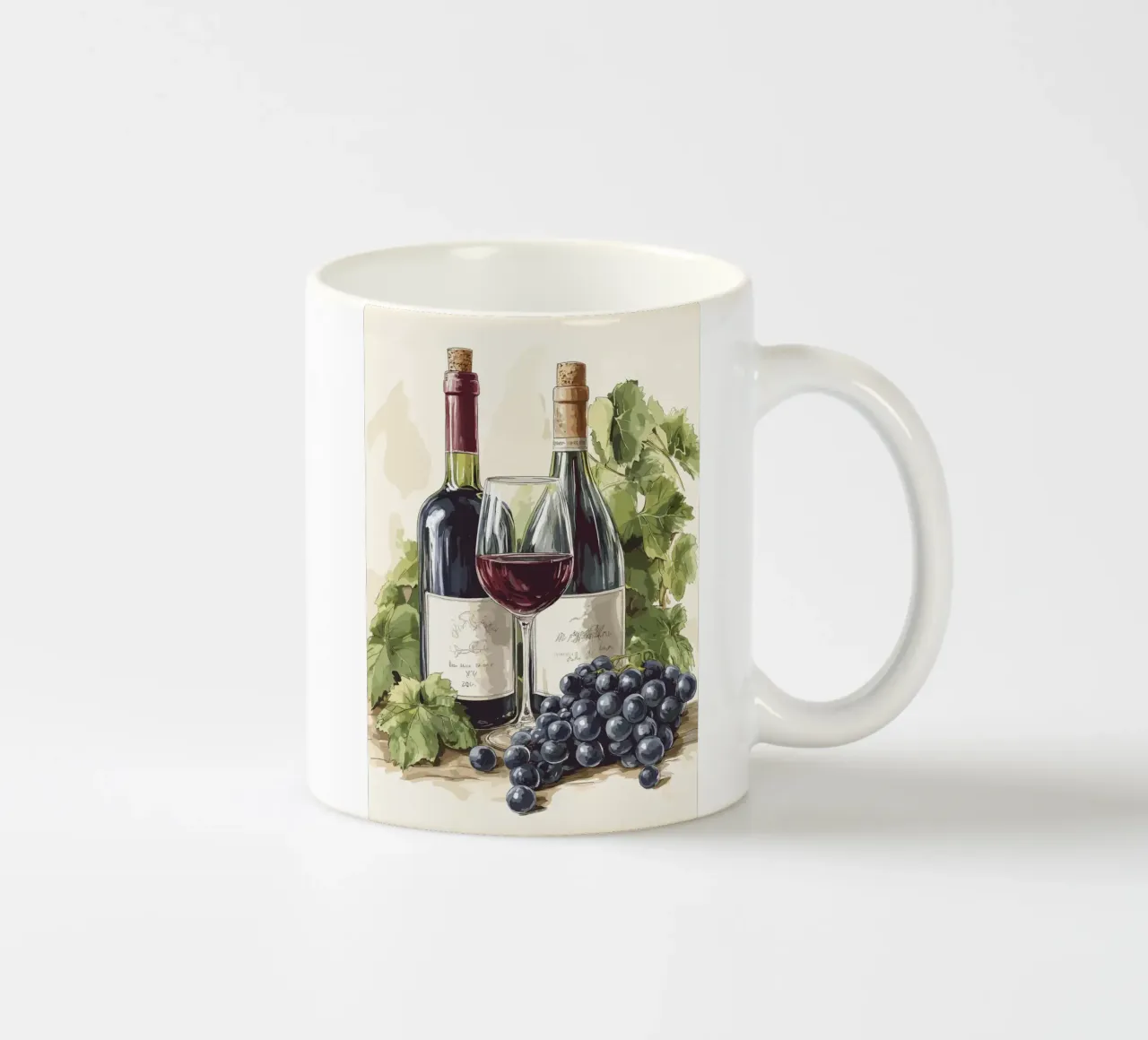 Bottiglie di vino e uva in una natura morta tazza in ceramica da pixelbull - medieval art and more
