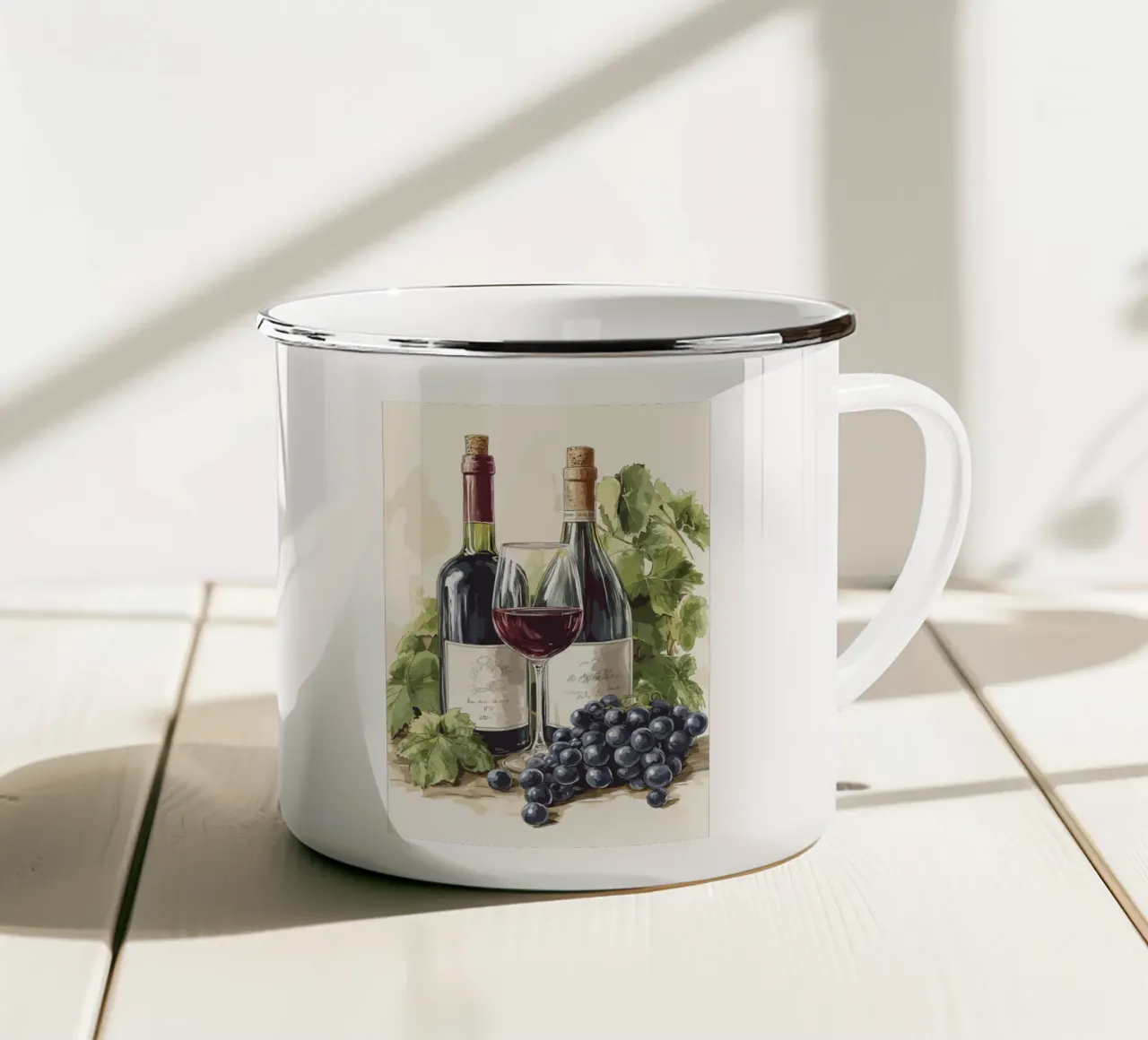 Bottiglie di vino e uva in una natura morta tazza in smalto da pixelbull - medieval art and more