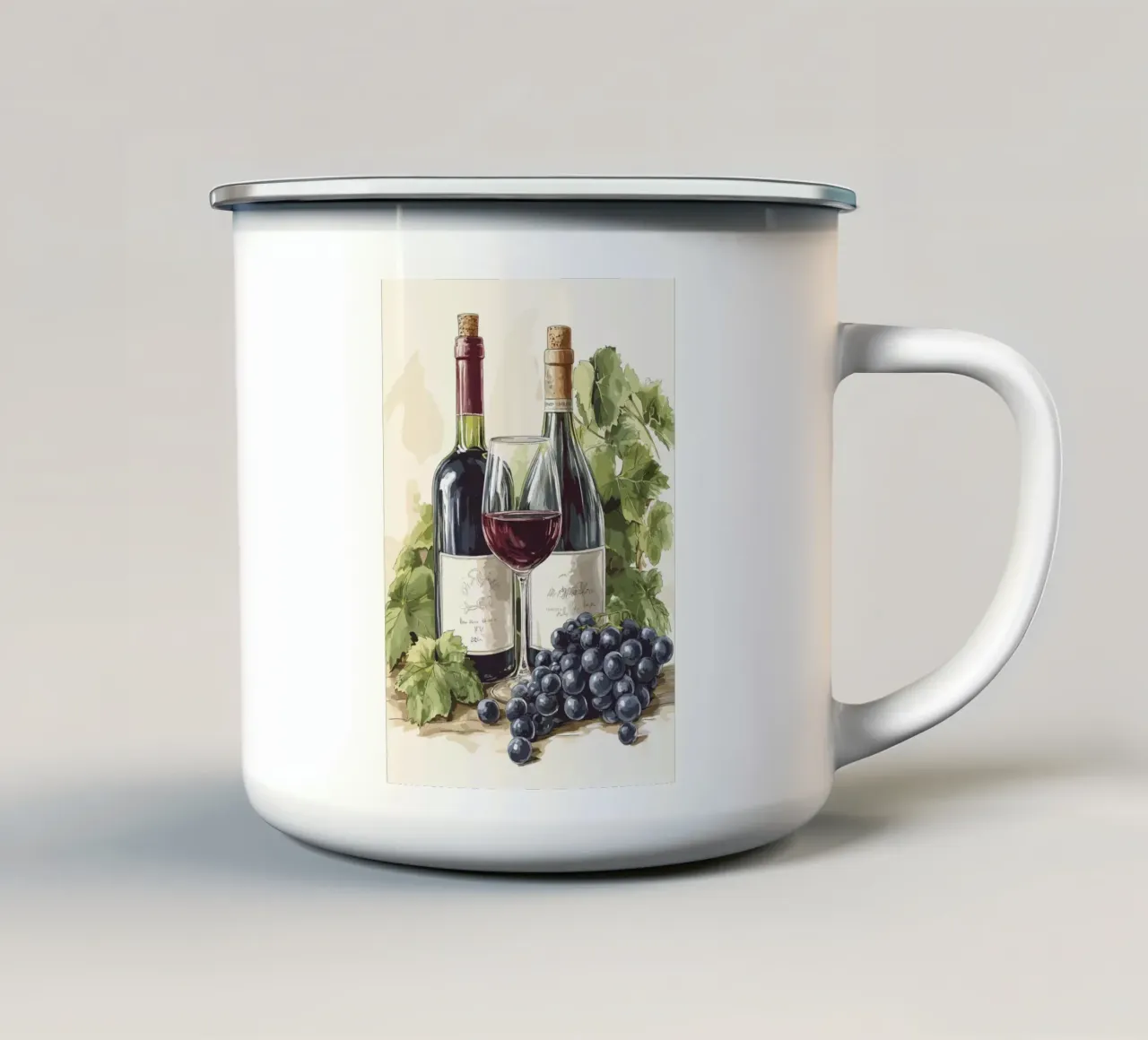 Bottiglie di vino e uva in una natura morta tazza in smalto da pixelbull - medieval art and more