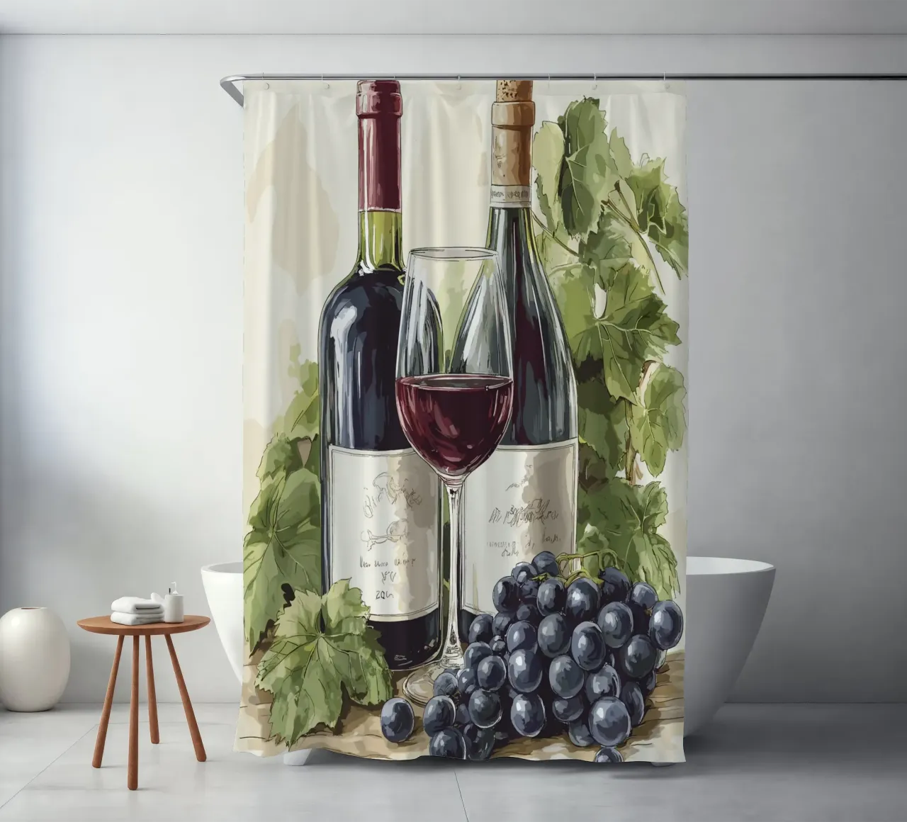 Bottiglie di vino e uva in una natura morta tenda da doccia da pixelbull - medieval art and more