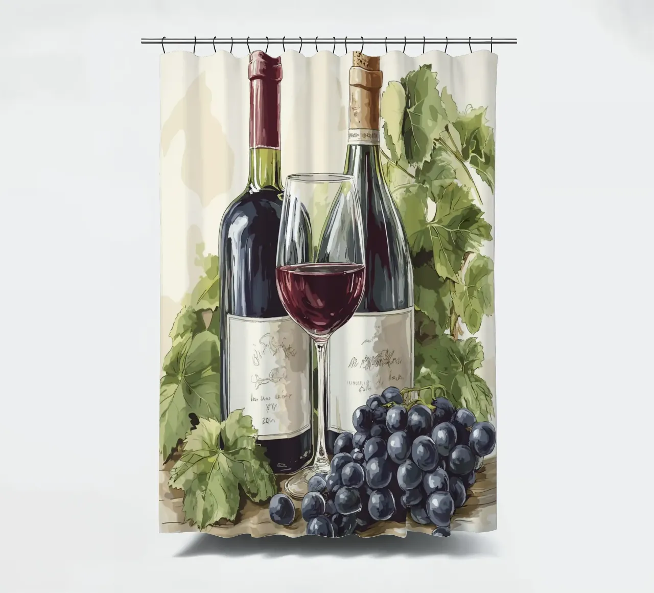 Bottiglie di vino e uva in una natura morta tenda da doccia da pixelbull - medieval art and more