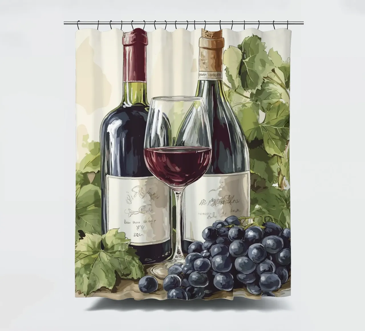 Bottiglie di vino e uva in una natura morta tenda da doccia da pixelbull - medieval art and more