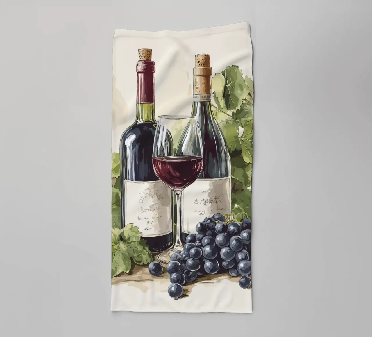 Bottiglie di vino e uva in una natura morta asciugamano da bagno da pixelbull - medieval art and more