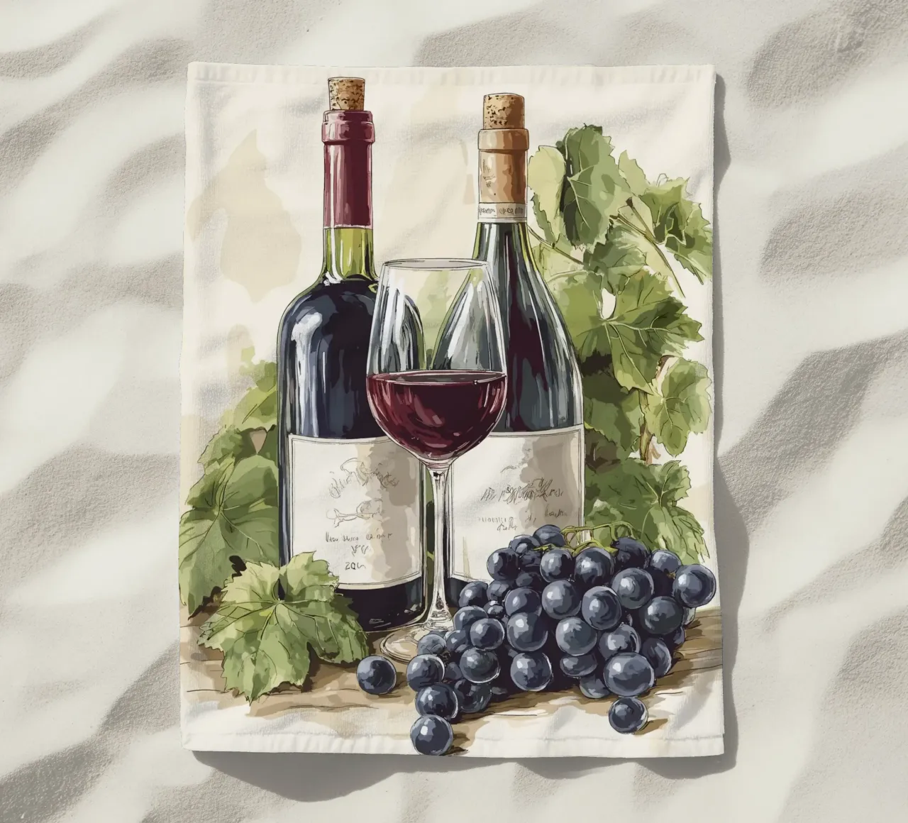 Bottiglie di vino e uva in una natura morta telo mare da pixelbull - medieval art and more