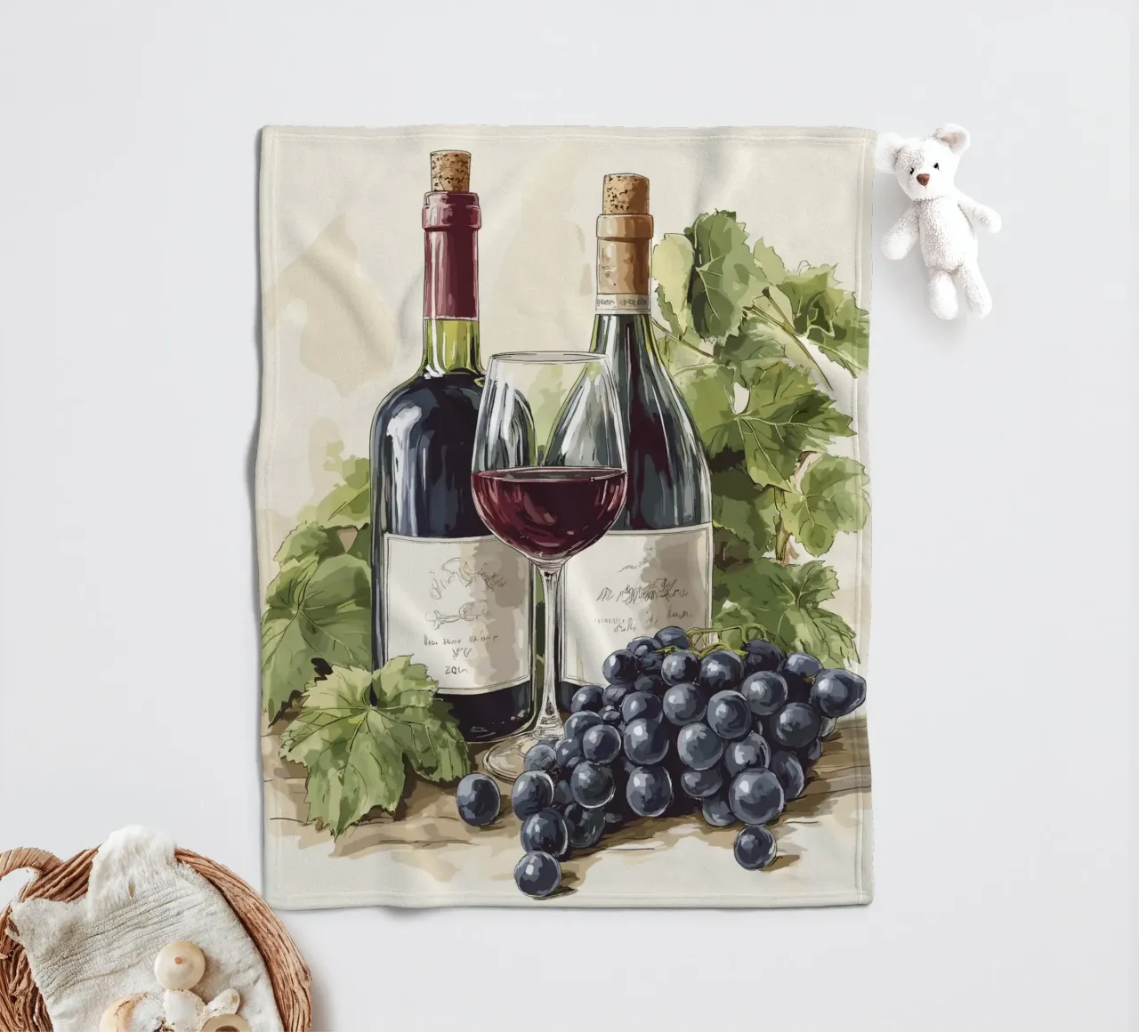 Bottiglie di vino e uva in una natura morta coperta in pile da pixelbull - medieval art and more