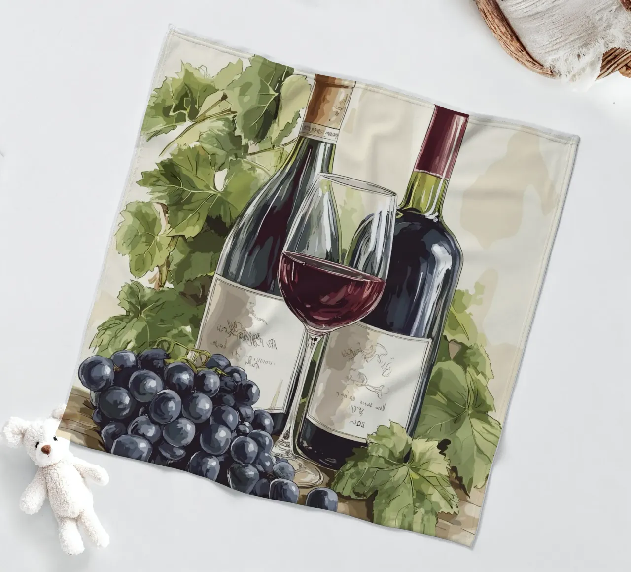 Bottiglie di vino e uva in una natura morta coperta in pile da pixelbull - medieval art and more