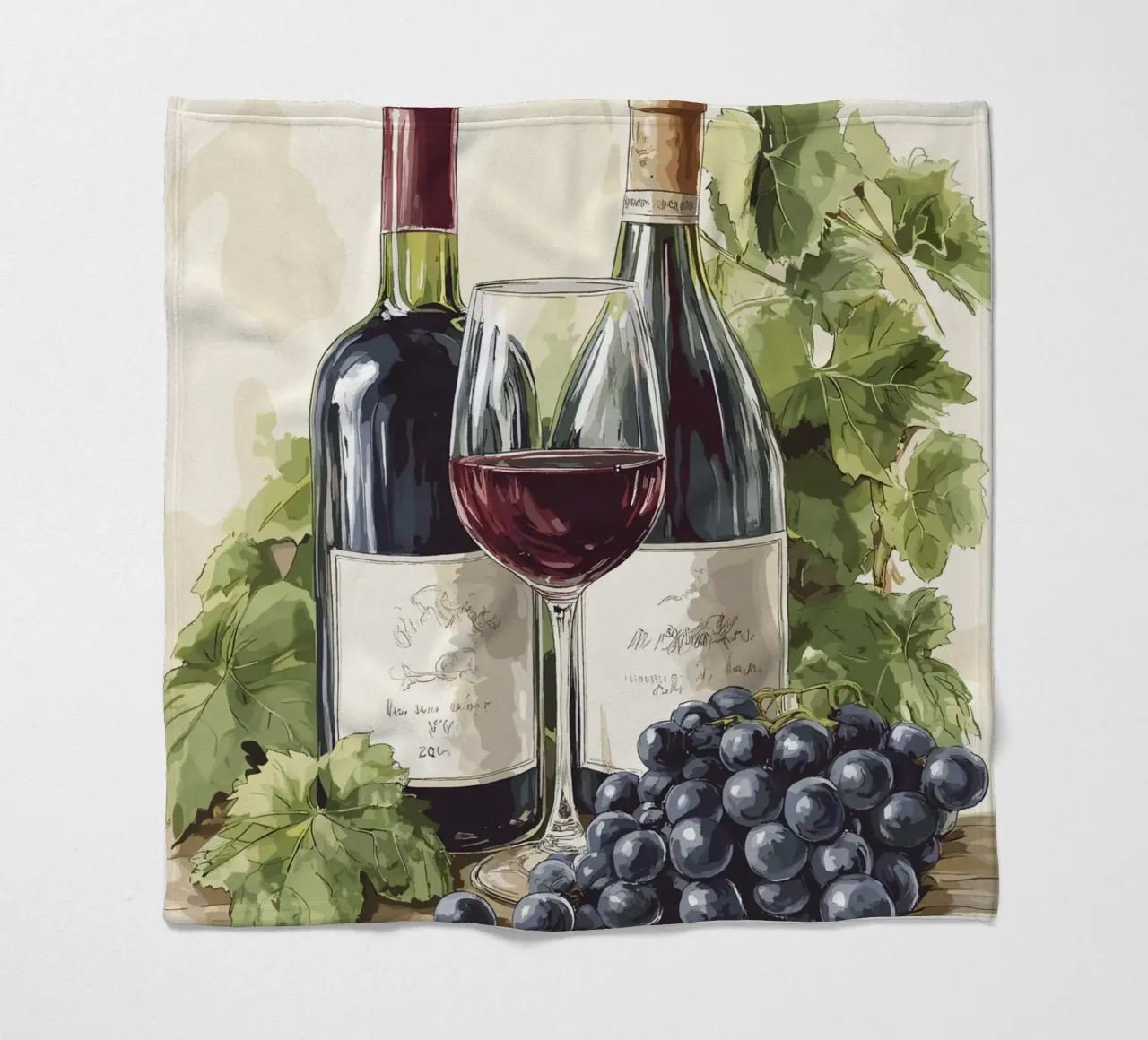 Bottiglie di vino e uva in una natura morta coperta in pile da pixelbull - medieval art and more