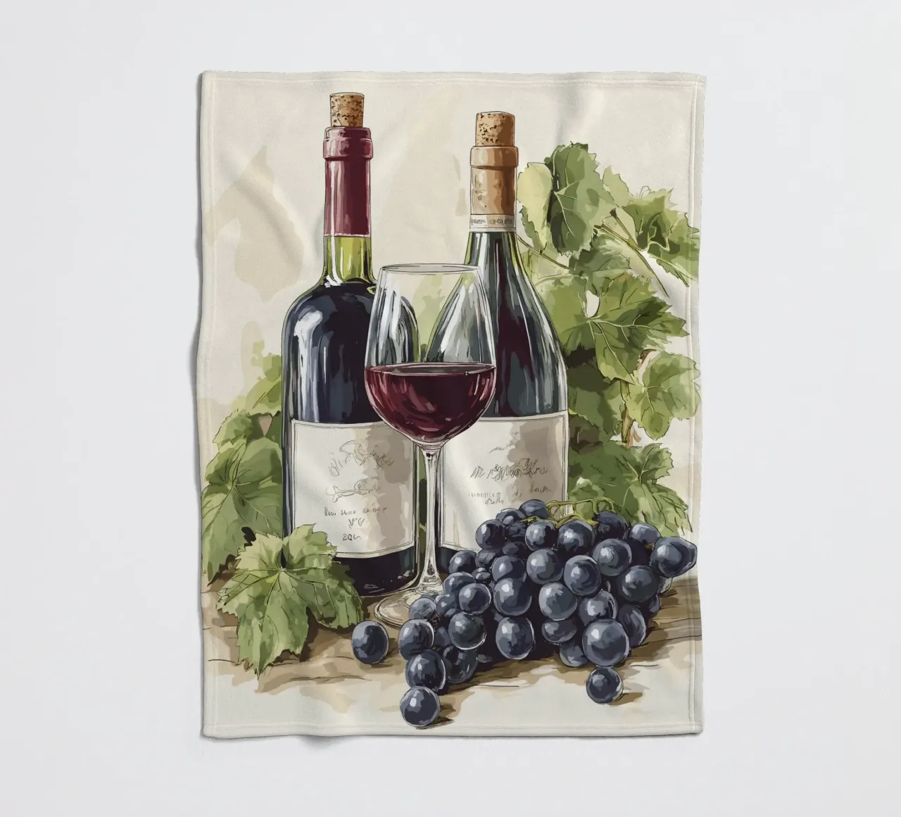 Bottiglie di vino e uva in una natura morta coperta in pile da pixelbull - medieval art and more