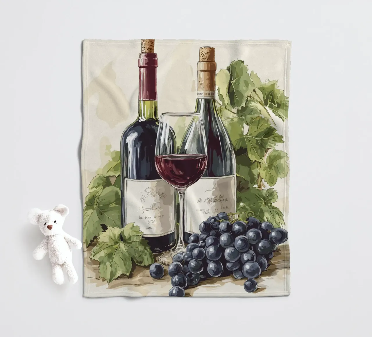 Bottiglie di vino e uva in una natura morta coperta in pile da pixelbull - medieval art and more