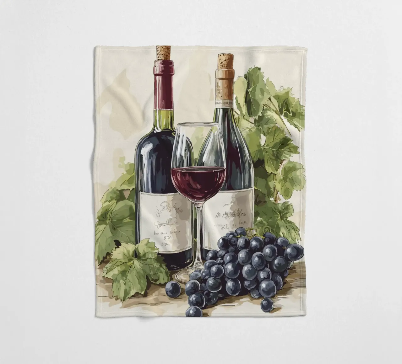 Bottiglie di vino e uva in una natura morta coperta in pile da pixelbull - medieval art and more