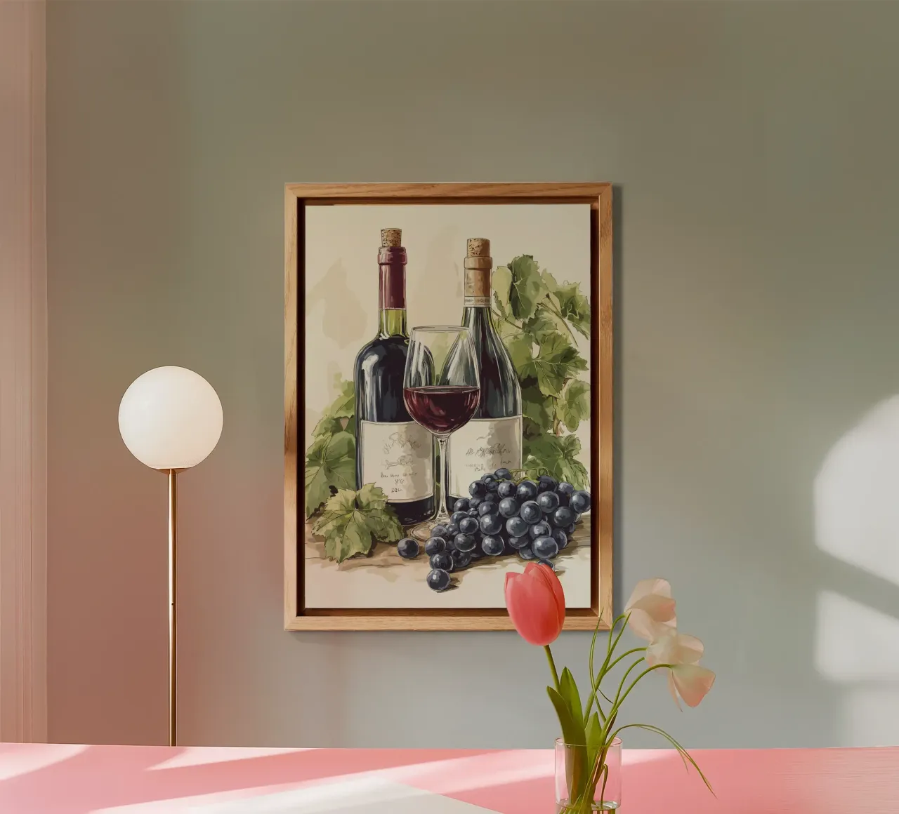 Bottiglie di vino e uva in una natura morta alluminio dibond da pixelbull - medieval art and more