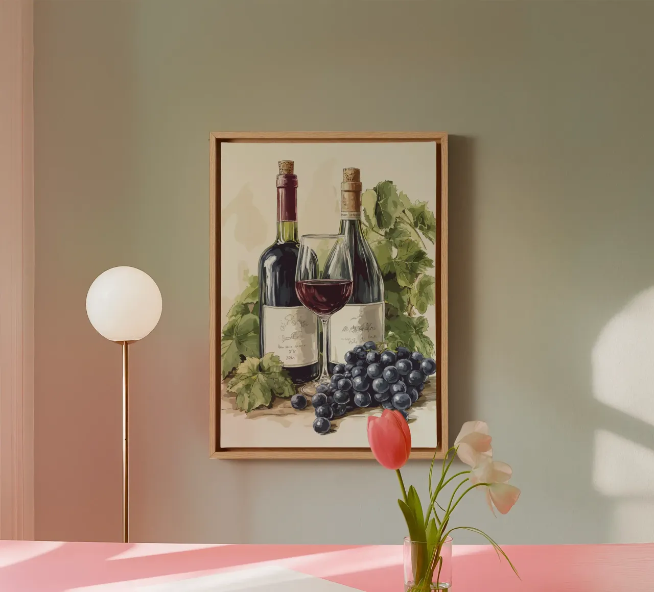 Wine bottles and grapes in a still life canvas by pixelbull - medieval art and more