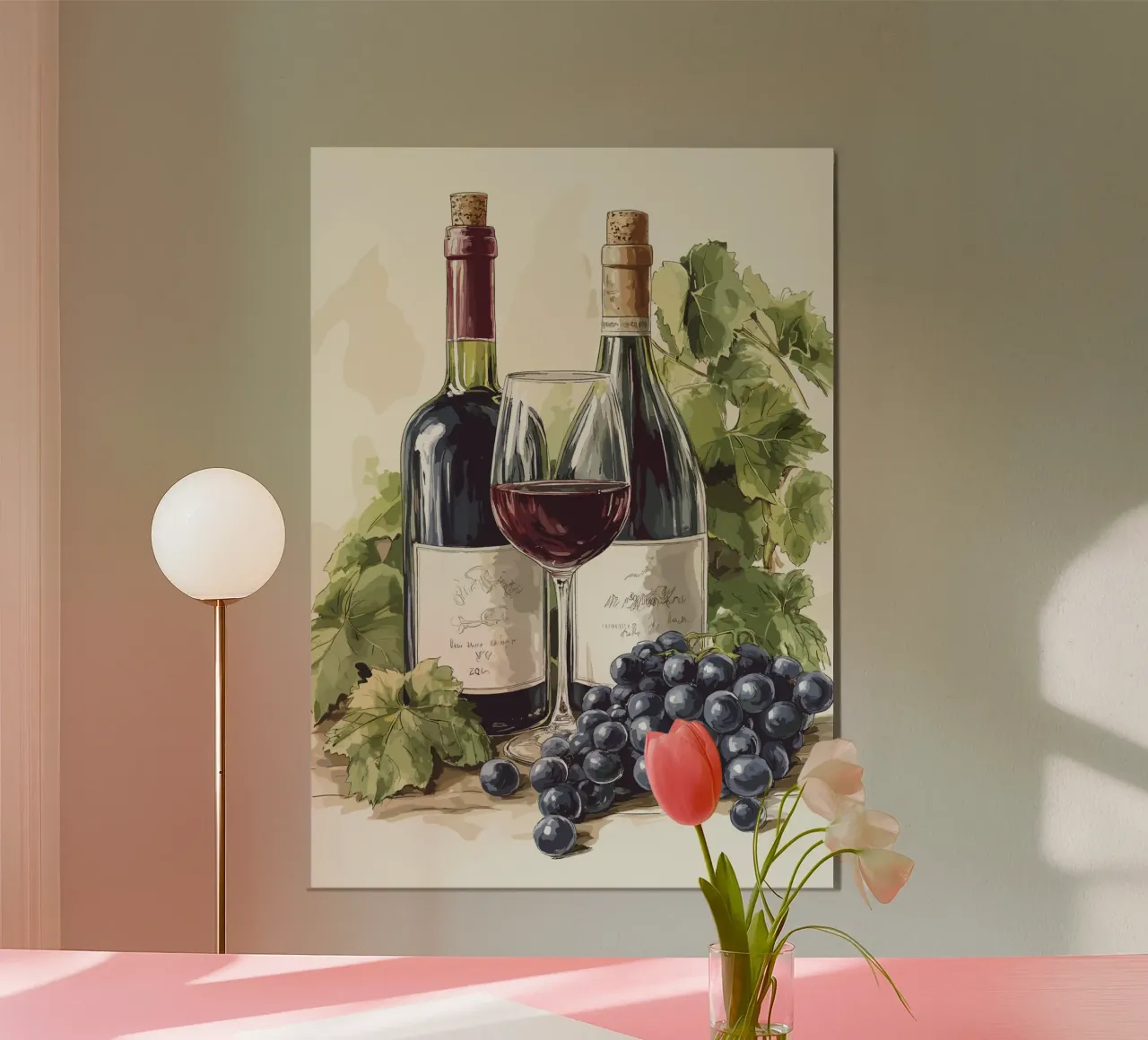 Bottiglie di vino e uva in una natura morta carta hahnemühle da pixelbull - medieval art and more