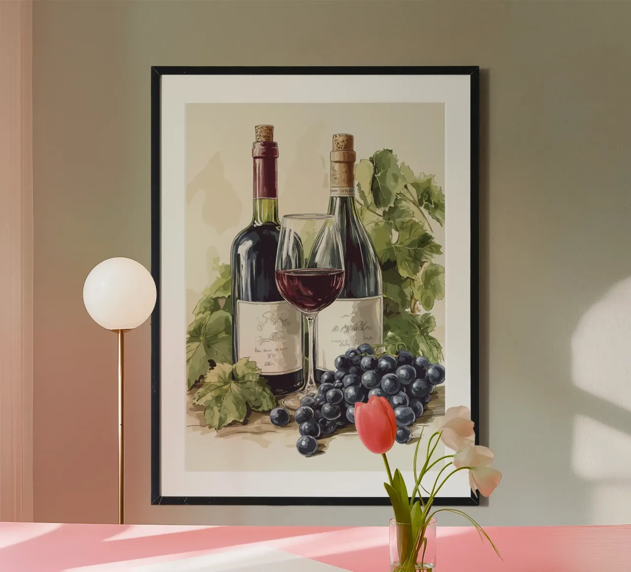 Bottiglie di vino e uva in una natura morta carta hahnemühle da pixelbull - medieval art and more