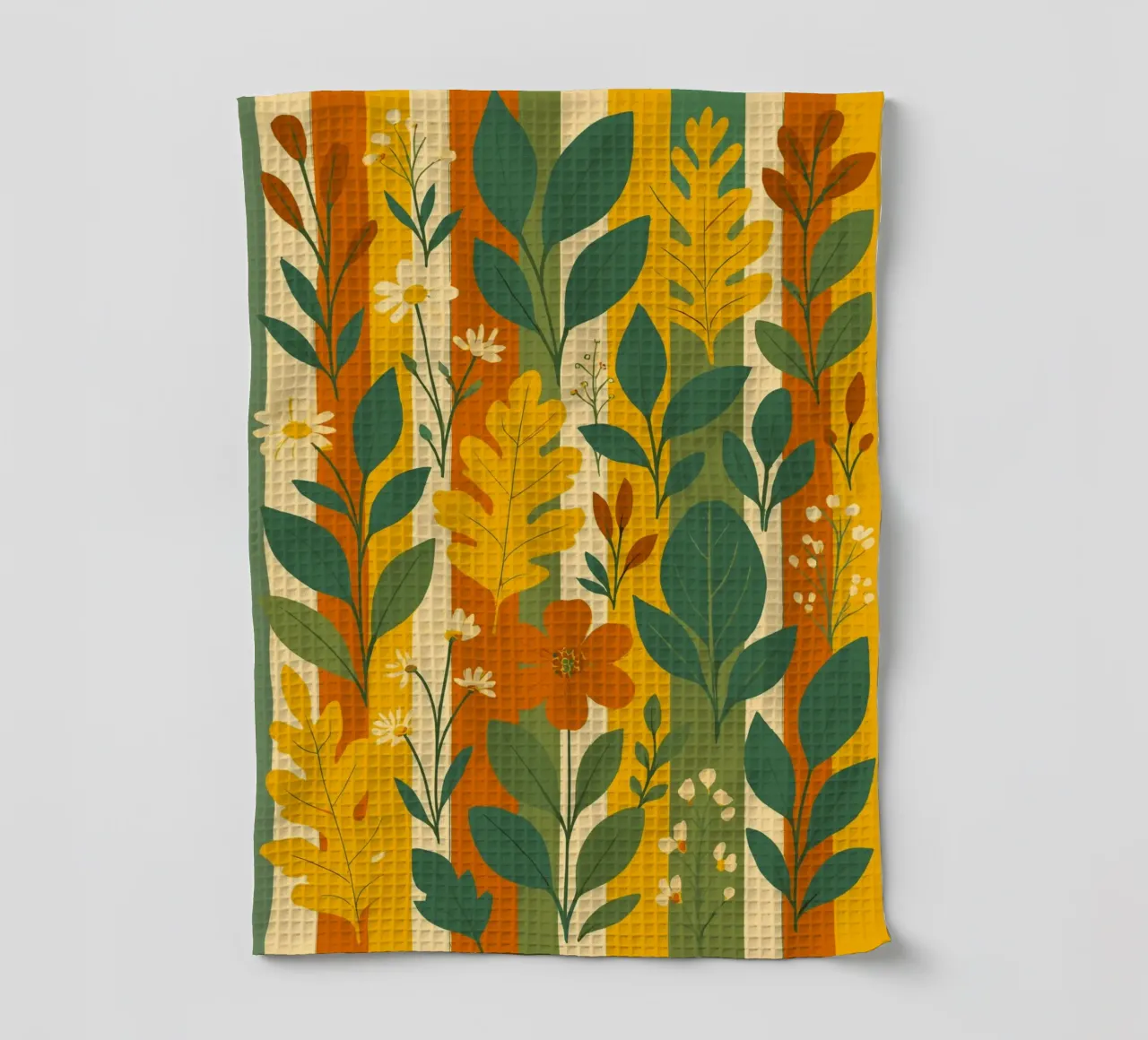 Leaves and flowers on stripes tea towel by My Home Private Design