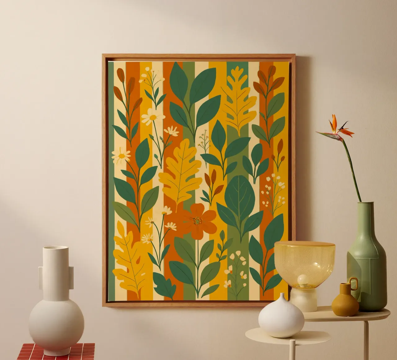 Leaves and flowers on stripes canvas by My Home Private Design