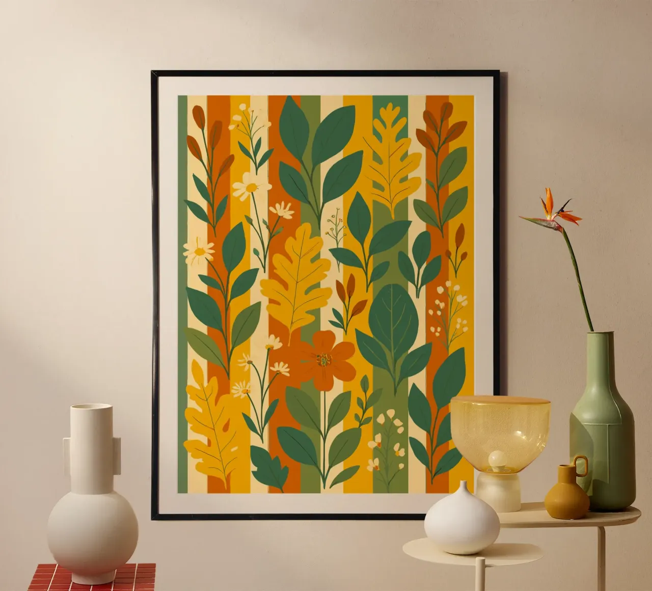 Leaves and flowers on stripes hahnemühle by My Home Private Design