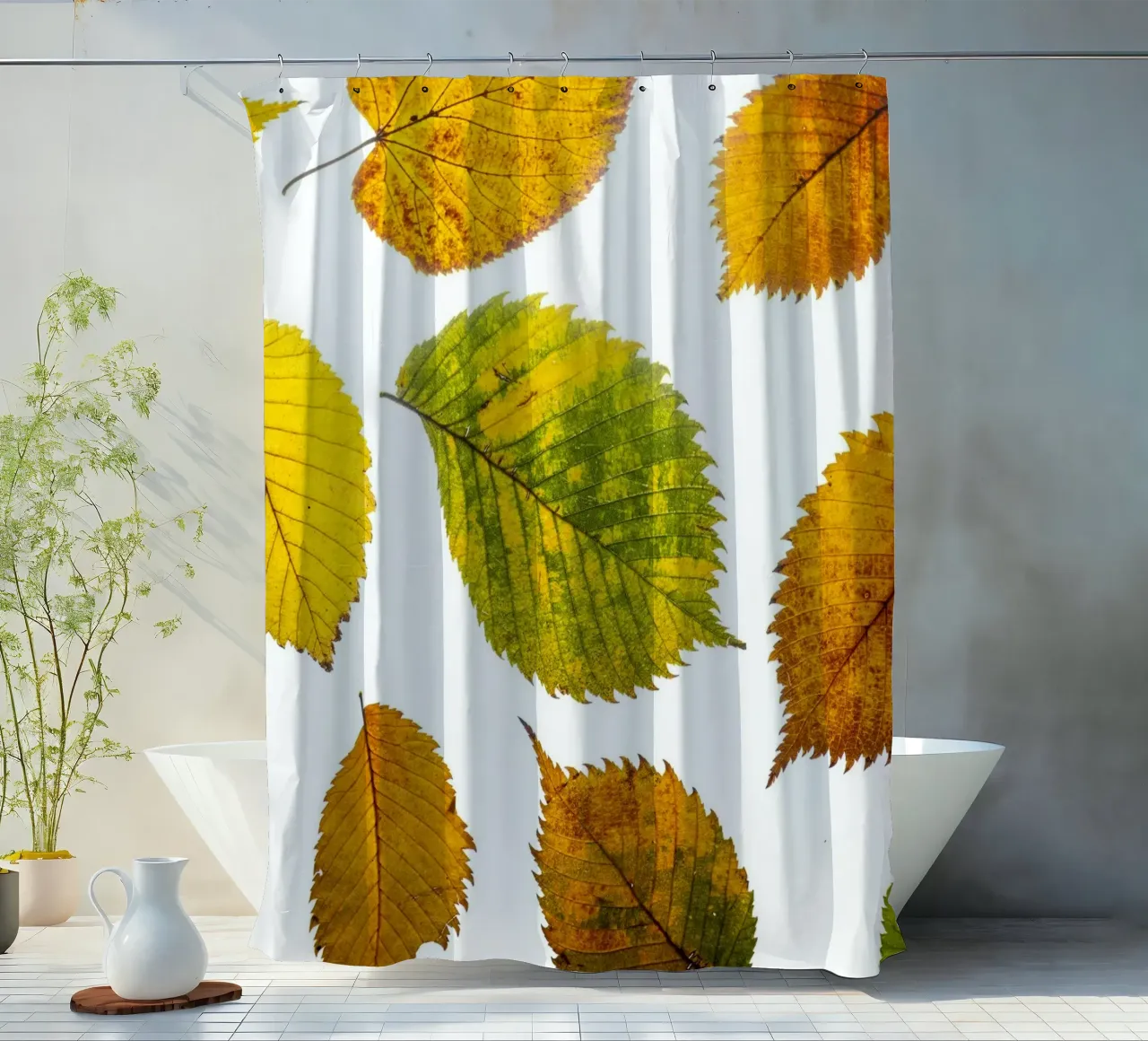Foglie d'autunno in variazione sul bianco tenda da doccia da Bilderwelt - Kunst für die Wand